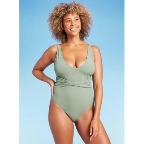 NWT Green Ribbed Plunge Twist Front Swimsuit size large - Picture 1 of 4